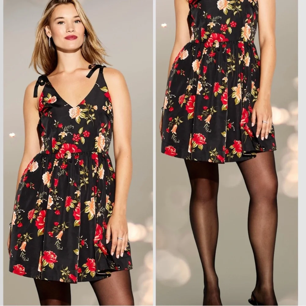 NWTS🌹THE OCCASION XL🌹BLACK ROSE TAFFETA FIT & FLARE SWING DRESS BACK ZIP CLOSURE - Picture 3 of 16